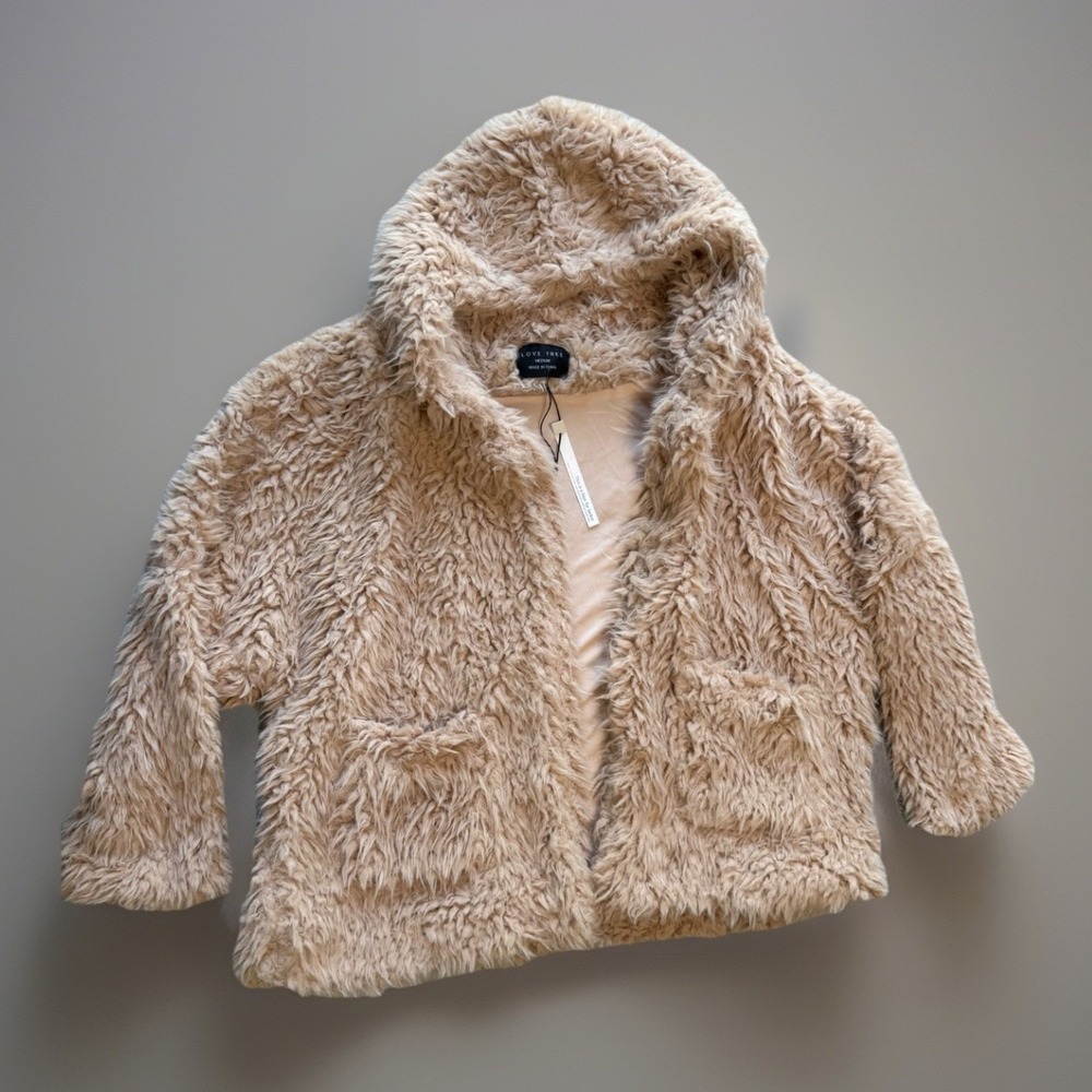 NWT Love Tree Fur Coat Faux Cropped Hooded Pockets Peach Women's Medium